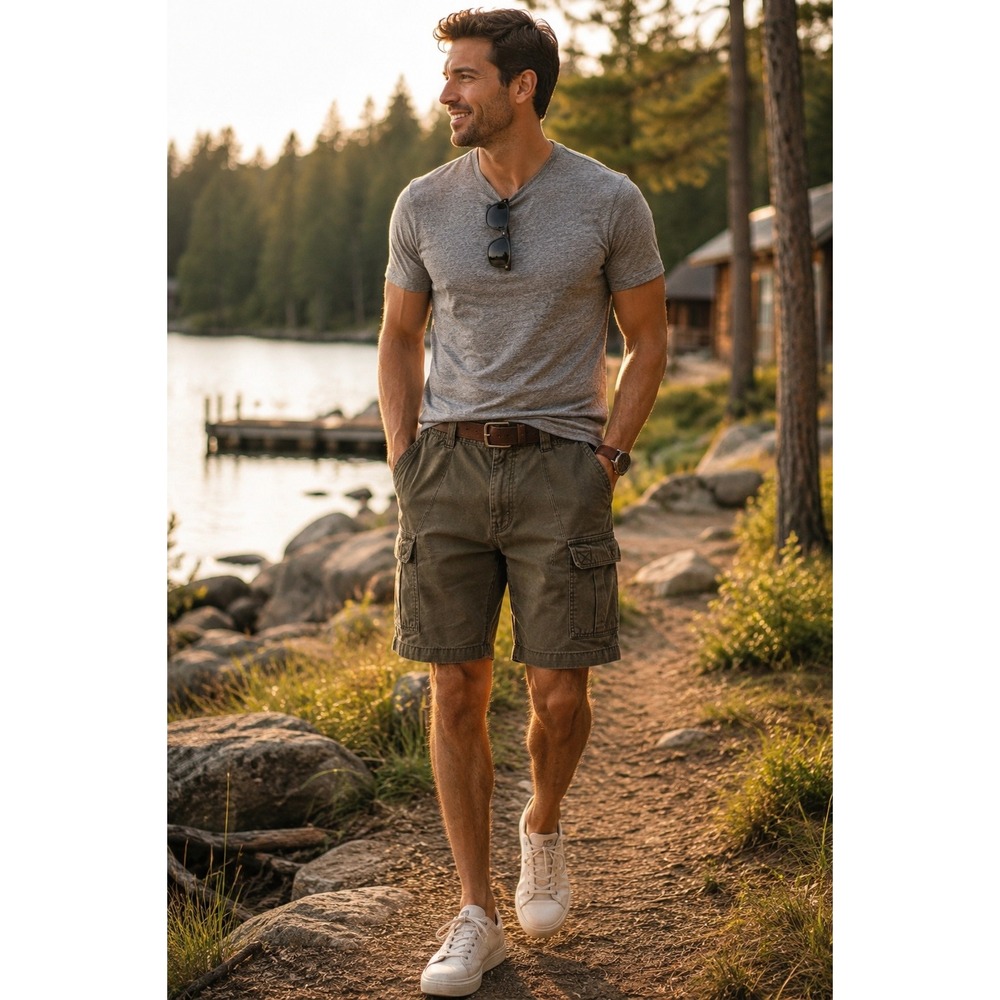 Cabelas Mens 40 Cargo Shorts Olive Brown Cotton Canvas Elastic Waist Utility 40